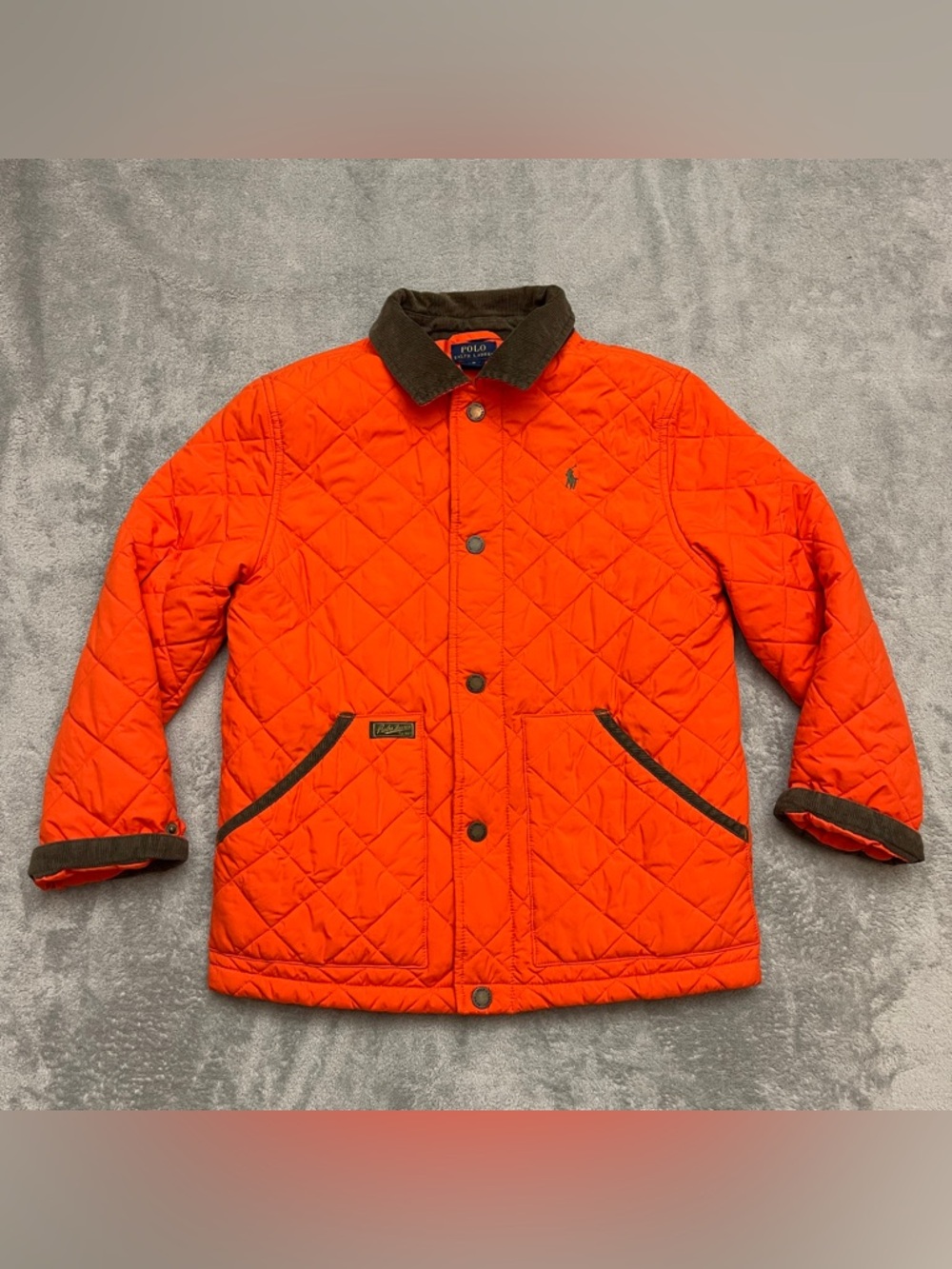 Polo Ralph Lauren Barn Jacket Boys Size Medium 10-12 Orange Quilted Puffer Coat